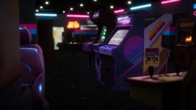 Arcade Paradise - Two neon-lit arcade cabinets sit at the center of a dark arcade surrounded by other arcade games.