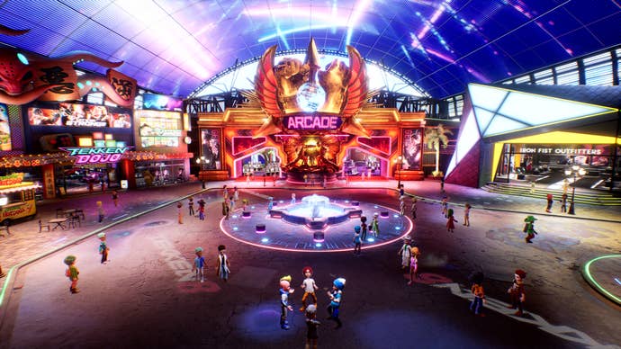Overview shot of Arcade Quest in Tekken 8; avatars stand around in a central hub in an in-game Arcade in Tekken 8, flanked by a clothes shop and virtual dojo.
