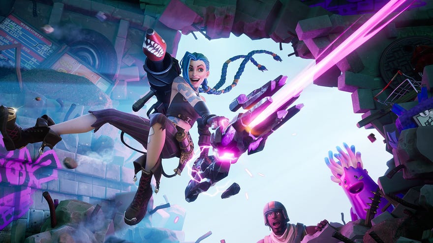 Artwork showing League Of Legends character Jinx in the Fortnite universe. She is grinning and firing a big laser gun.