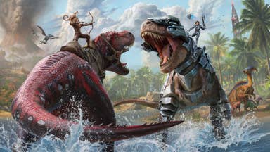 Promotional artwork for Ark: Survival Ascended showing players battling each other on the back of two Tyrannosaurus rexes.
