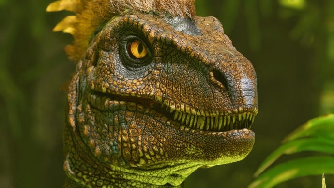 Eine Nahaufnahme eines Dinosaurierkopfes in Ark: Survival Ascended