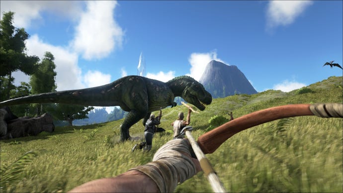 The player aims a bow at a T-Rex, as three others close in with spears and bows.