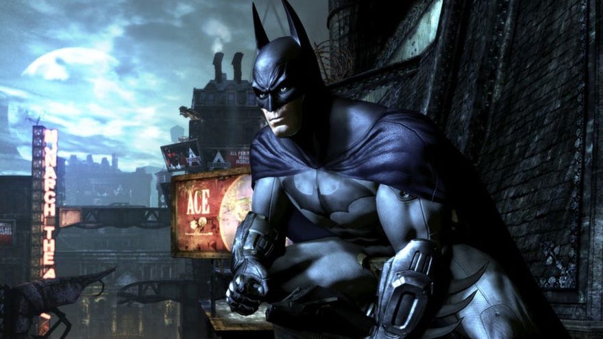 Batman crouches ominously on a rooftop in Batman: Arkham City