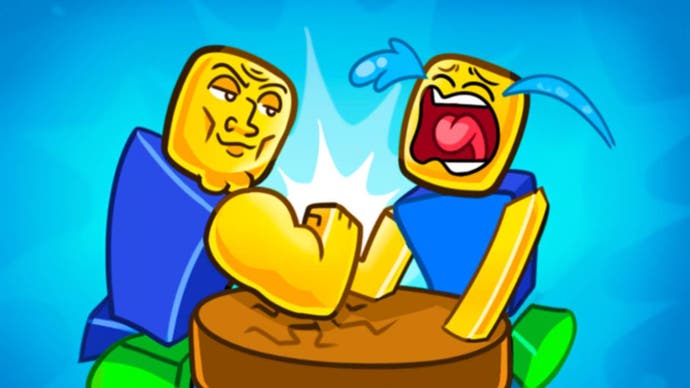 Two yellow characters having an arm wrestle, with one muscly character beating the other and making them cry.