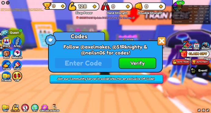 The screen to verify codes in Arm Wrestle Simulator.