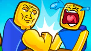 Artwork for Roblox game Arm Wrestle Simulator showing two characters arm wrestling with one crying out.