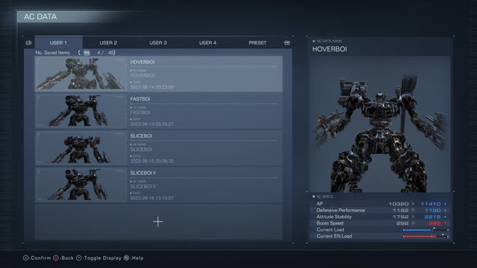 Скриншот Экрана Данных Ac В Armored Core 6, Где Игрок Сохранил Четыре Комплекта Мехов.