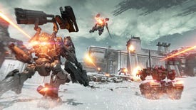 Three ACs skid attack a snowy fortress in Armored Core 6.