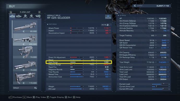 Экран Статистики Оружия В Armored Core 6, Где Показатель Идеальной Дальности Выделен Желтым Цветом.