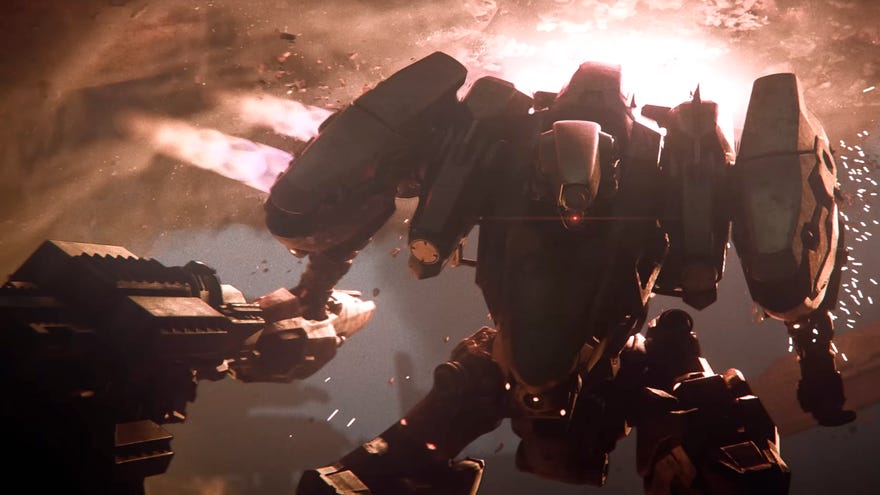 A robot looms in front of a massive explosion in Armored Core 6's story trailer