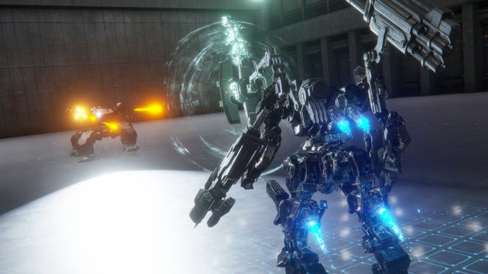 Мех Использует Энергетический Щит, Чтобы Блокировать Атаку Вражеского Меха В Armored Core 6.
