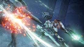An AC slices a mech with an energy sword in Armored Core 6.