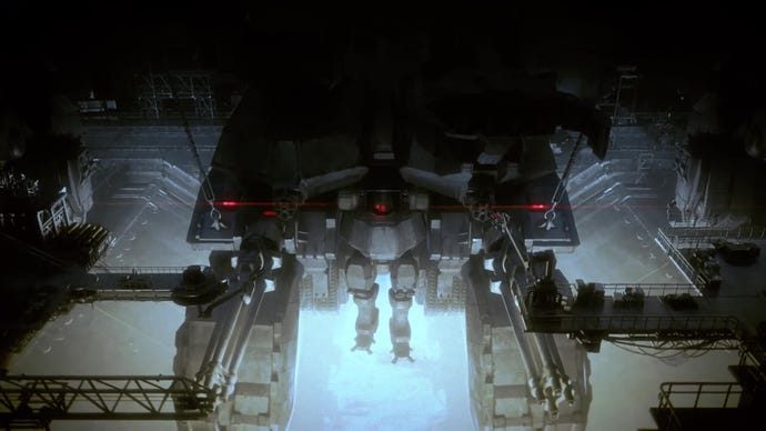 A mech is lowered into a opening bathed in light in Armored Core VI's reveal trailer.