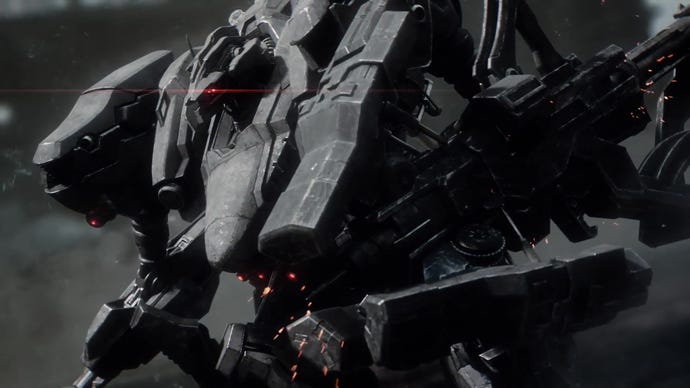 An enormous grey mech prepares to race off from Armored Core VI's reveal trailer.