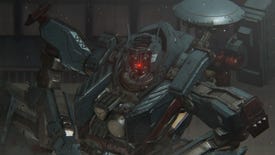 A mech, made of dark gun metal, looks at the camera with an almost jaunty stance in Armored Core 6: Fires Of Rubicon