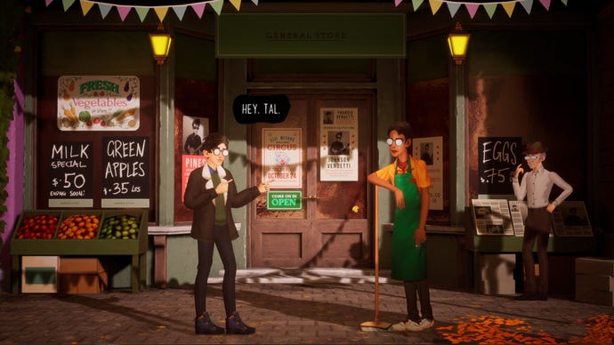 Francis Vendetti talks to Tal outside a grocers in The Artful Escape