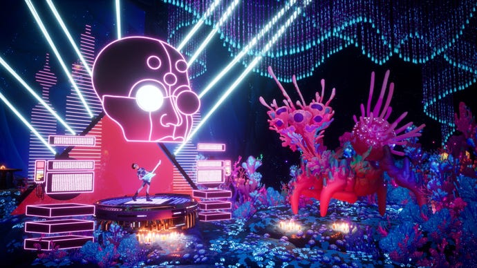 Francis plays his guitar on stage and jams with a fantastical coral creature in The Artful Escape