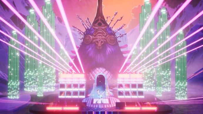 Francis rocks out on a fantastical music stage in front of a huge purple creature in The Artful Escape