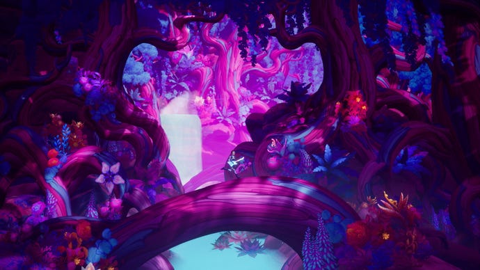 Francis runs with his guitar through a purple and blue forest in The Artful Escape