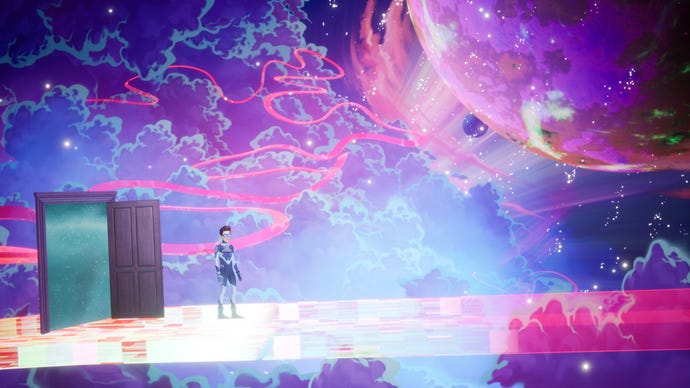 Francis stands on a beam of light against a cosmic background in The Artful Escape