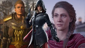 Artwork of Eivor, Evie Frye and Kassandra from the Assassin's Creed series