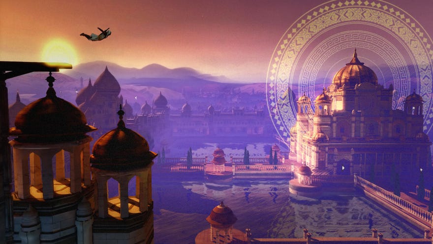 Diving from a rooftop in an Assassin's Creed Chronicles: India screenshot.