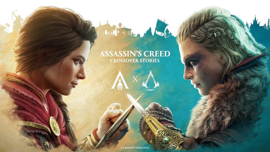Artwork for Assassin's Creed Crossover Stories showing Kassandra and Eivor touching wristblades.