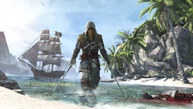 Edward Kenway walks out of the sea holding two swords, leaving behind two dead bodies and a ship in Assassin's Creed IV: Black Flag