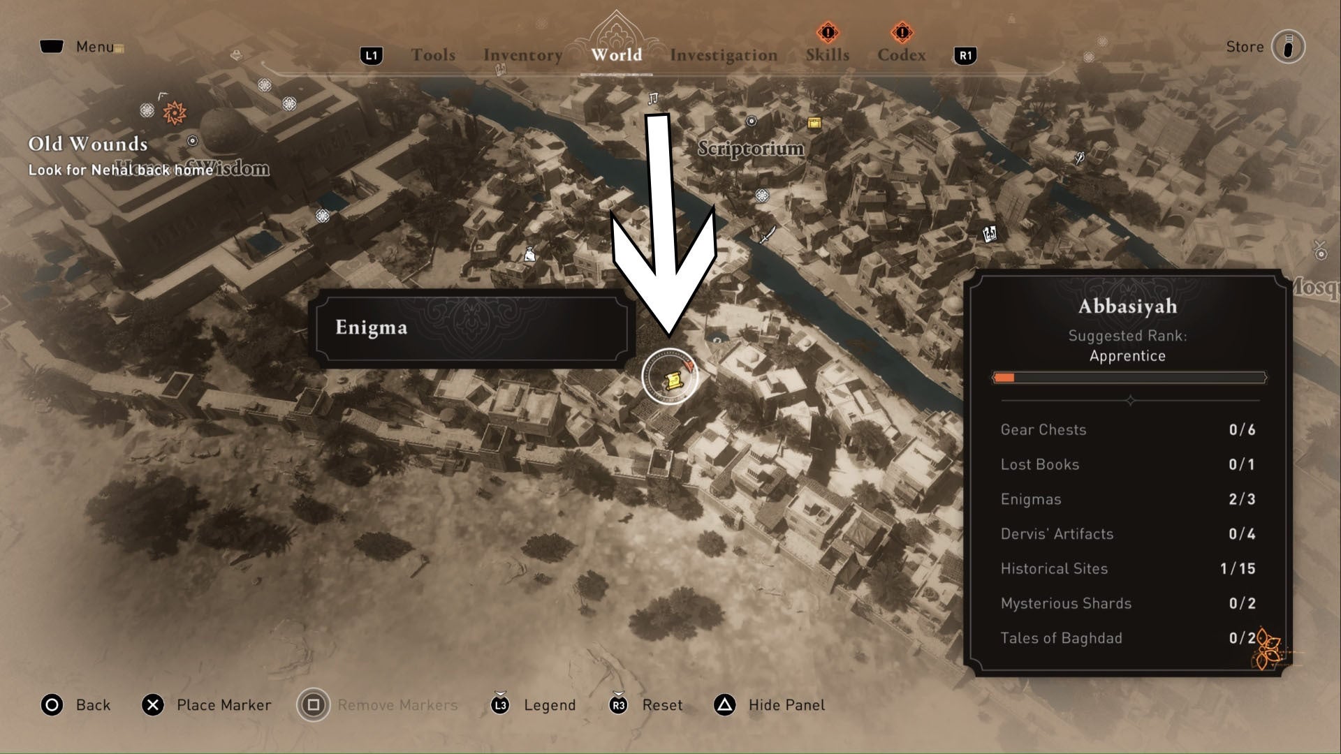 Assassins Creed Mirage, un desafío, enigma, pista, ubicación en un mapa de primer plano