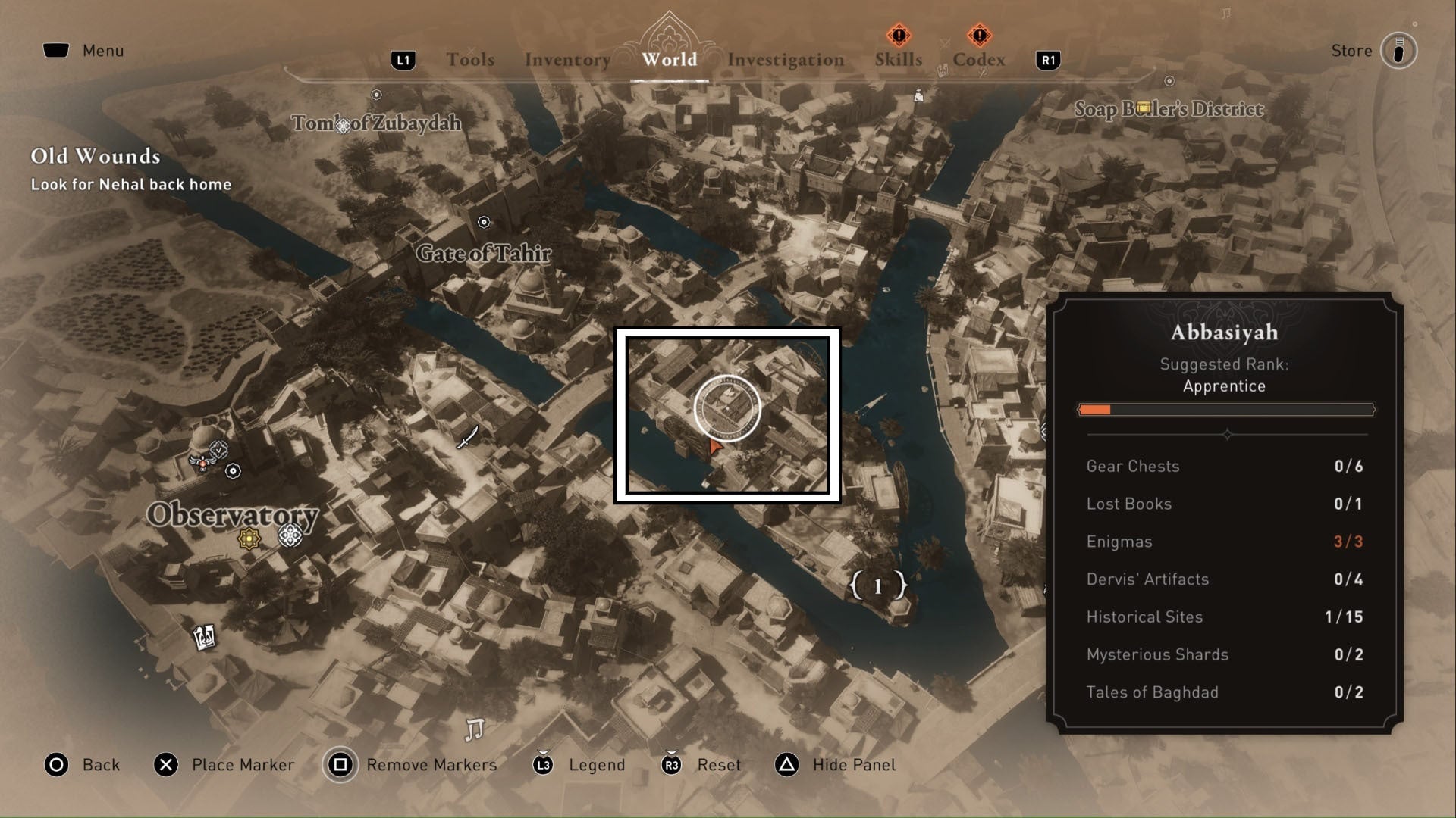 Assassins Creed Mirage, un desafío, enigma, ubicación de la recompensa en un mapa de primer plano.