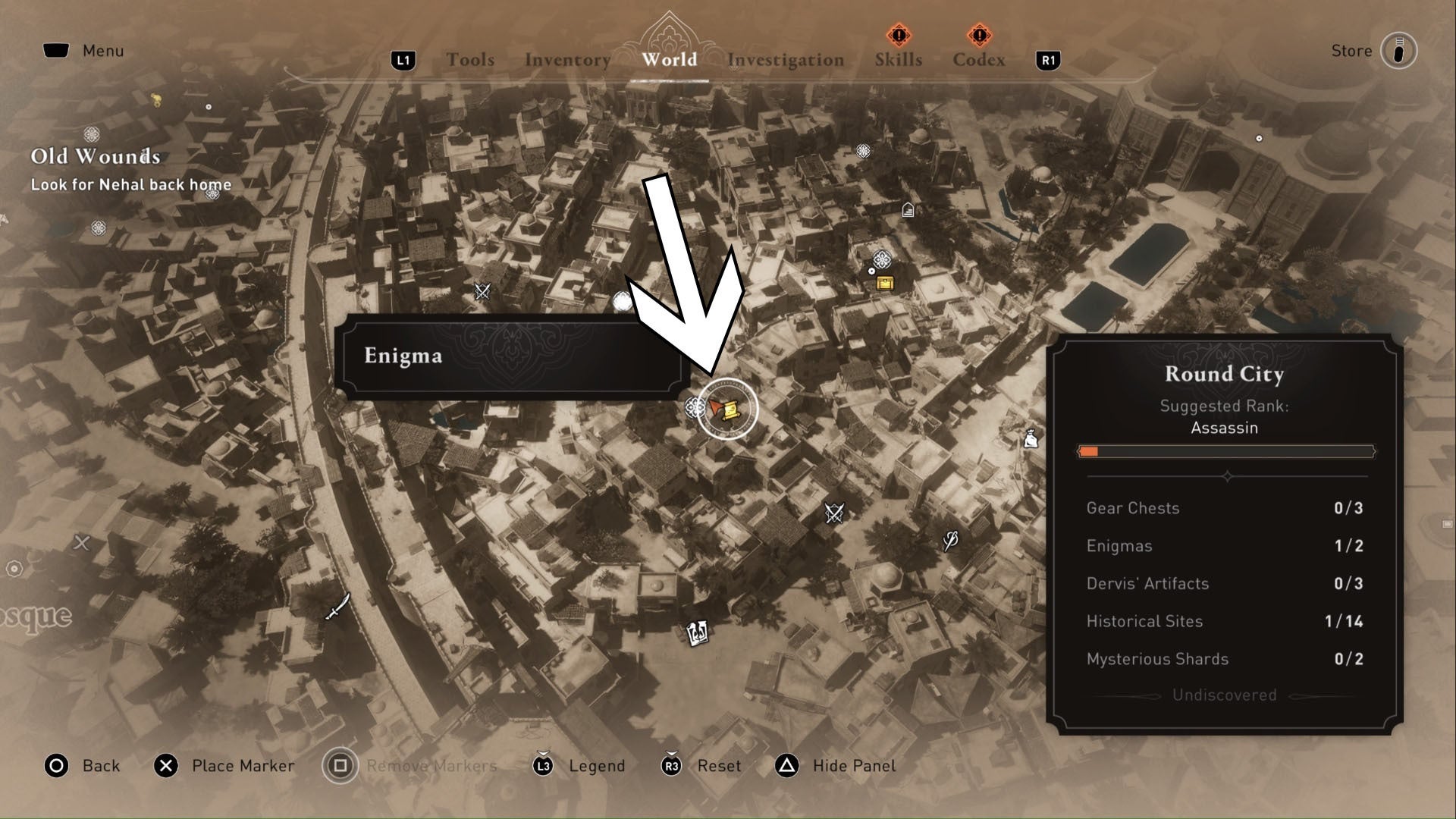 Assassins Creed Mirage, una flecha apunta a la ubicación de la pista de un regalo para ti en un mapa de cerca de la ciudad redonda.