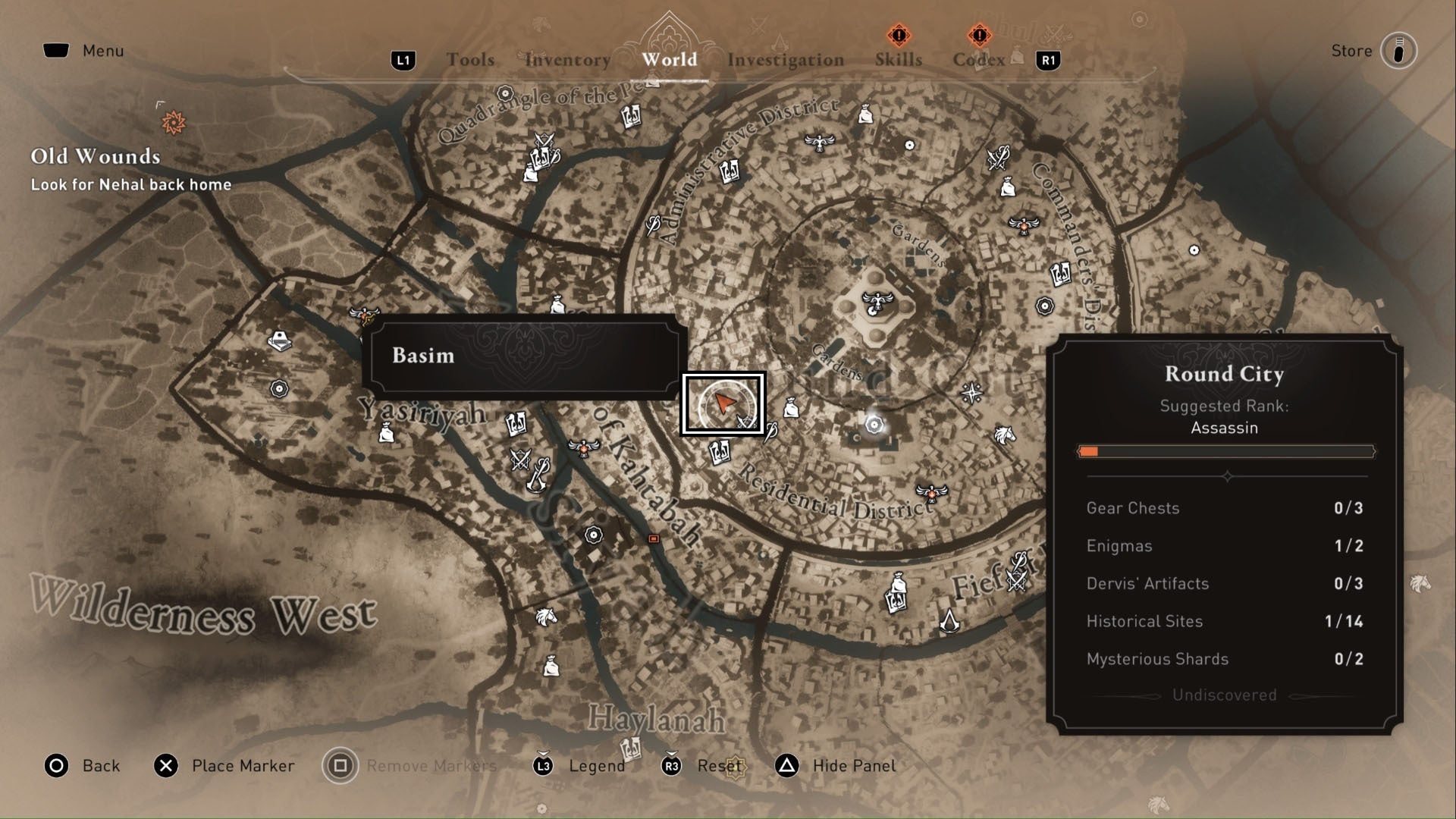Assassins Creed Mirage, un cuadrado muestra el área para un regalo para ti, una pista engima en un mapa mundial de Bagdad.