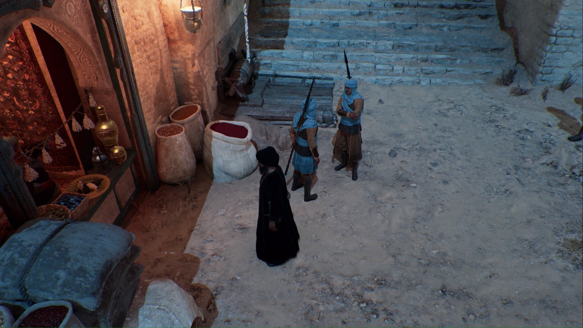 Assassins Creed Mirage A Tha'abeen está de pie con dos guardias en la ciudad redonda