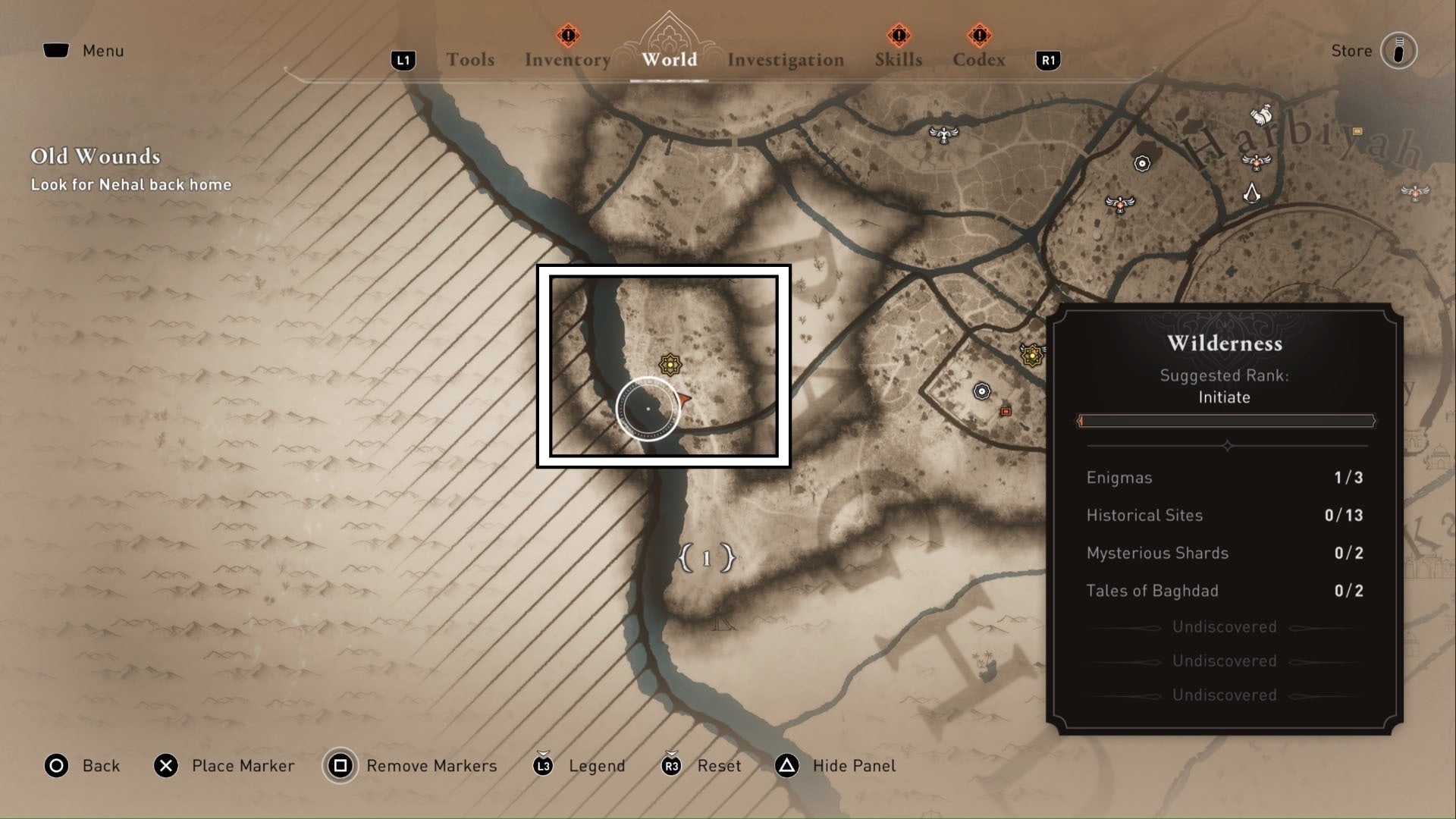 Assassins Creed Mirage, la imagen muestra la ubicación de la aldea abandonada en un mapa mundial.