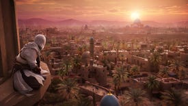 Basim perches on the side of a building and looks down at the city of Baghdad in Assassin's Creed Mirage.