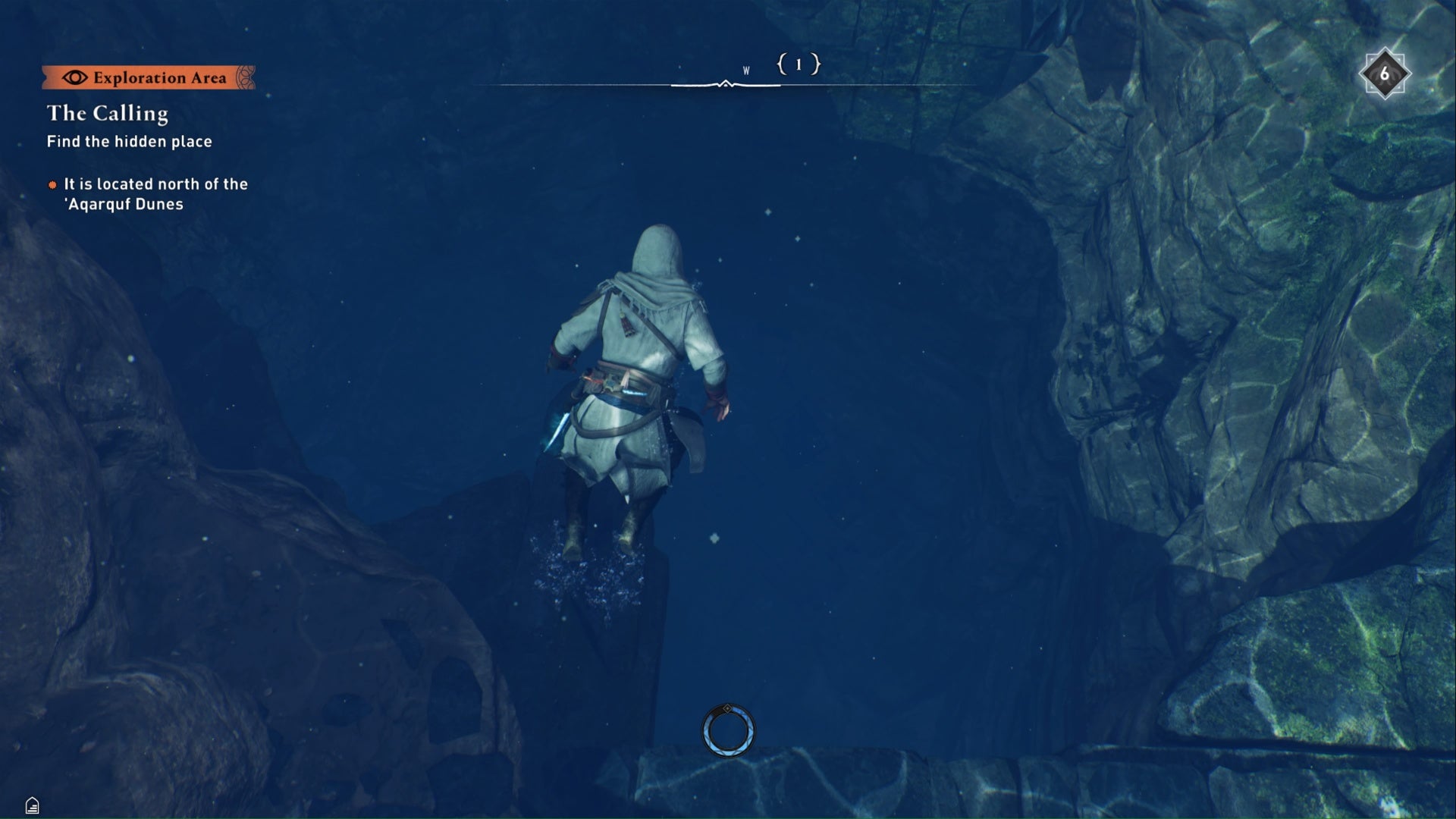 Assassins Creed Mirage Basim sumergiéndose en un agujero profundo en un oasis del norte
