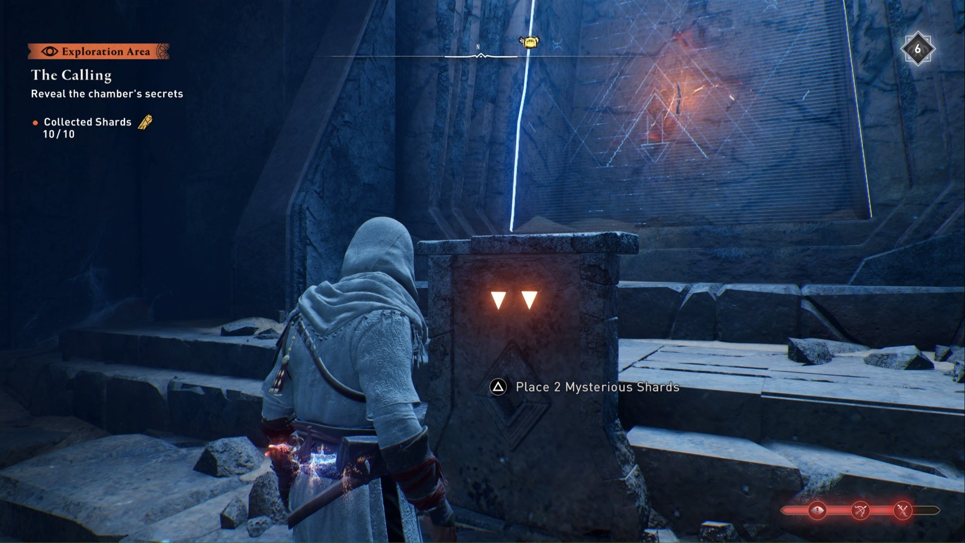 Assassins Creed Mirage Basim interactuando con un misterioso pedestal de dos fragmentos