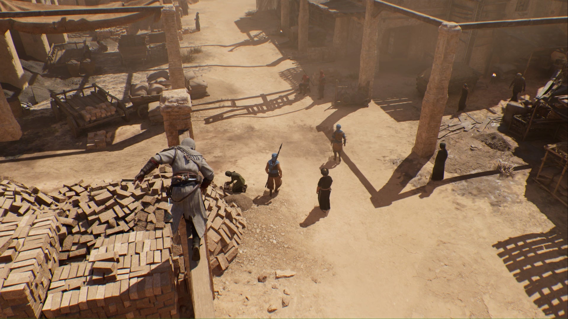 Assassins Creed Mirage Basim en la azotea mirando hacia el objetivo de Tha'abeen en Harbiyah
