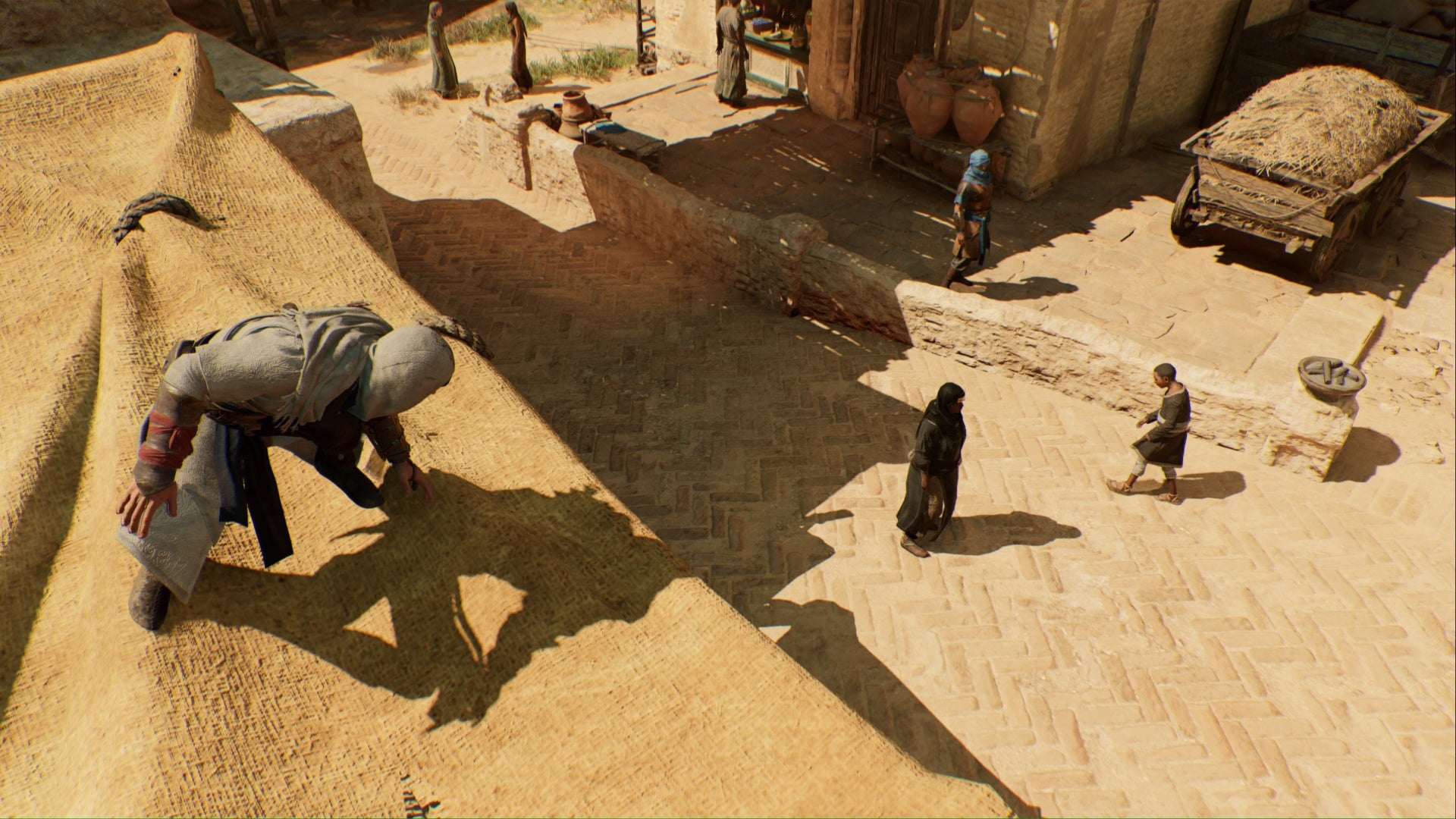 Assassins Creed Mirage Basim en el techo del puesto mirando hacia el objetivo de Tha'abeen en Karkh