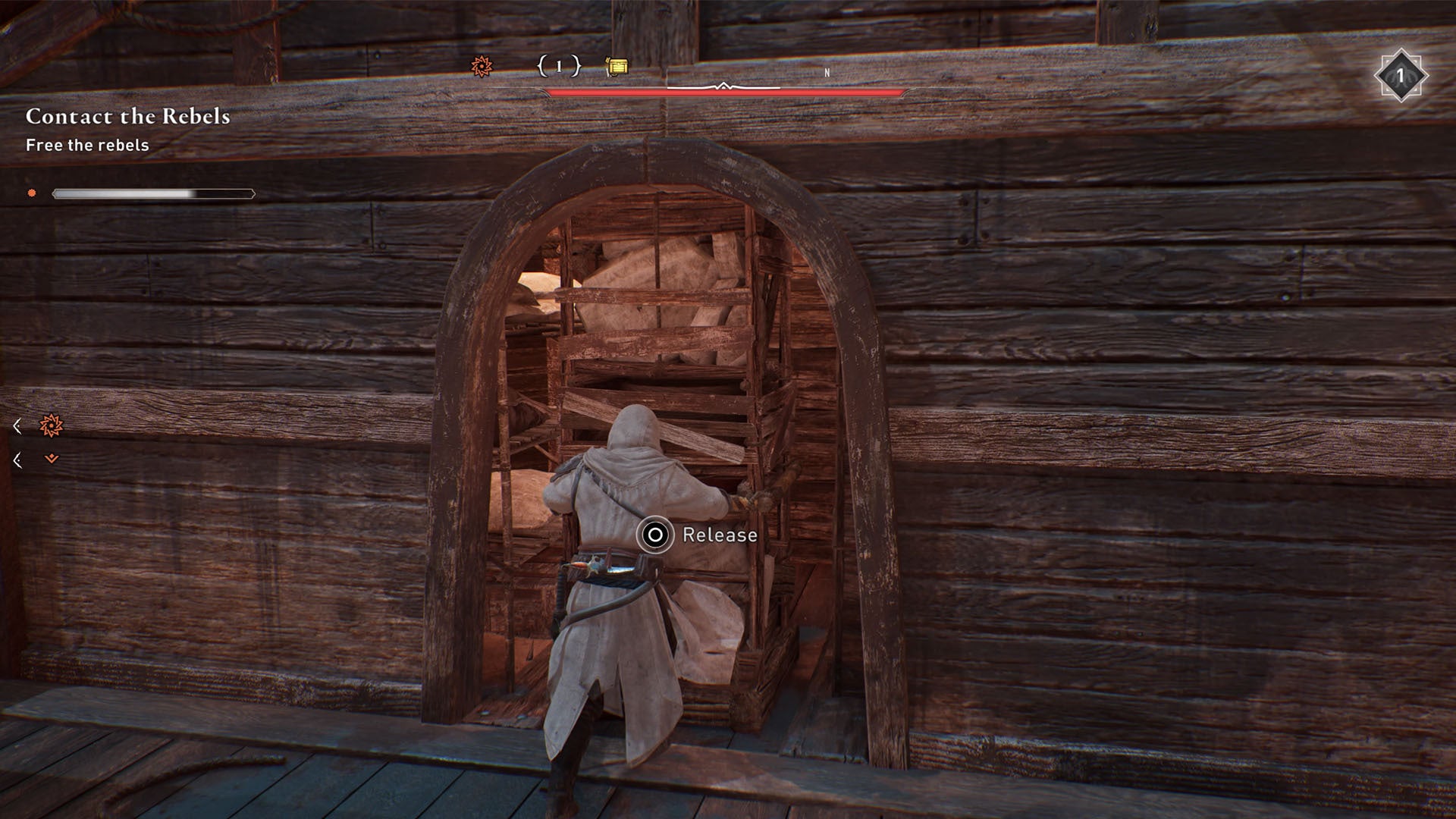 Assassins Creed Mirage Basim empujando la caja de entrada Harbiyah Upper Dock Puzzle
