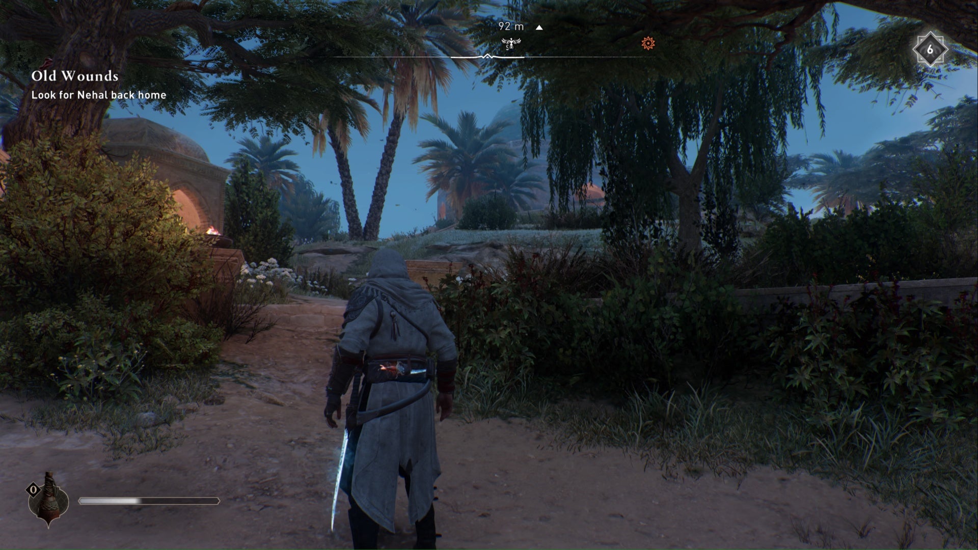 Assassins Creed Mirage, Basim camina hacia el deleite junto al área de recompensa del enigma de la cúpula rodeada de árboles.
