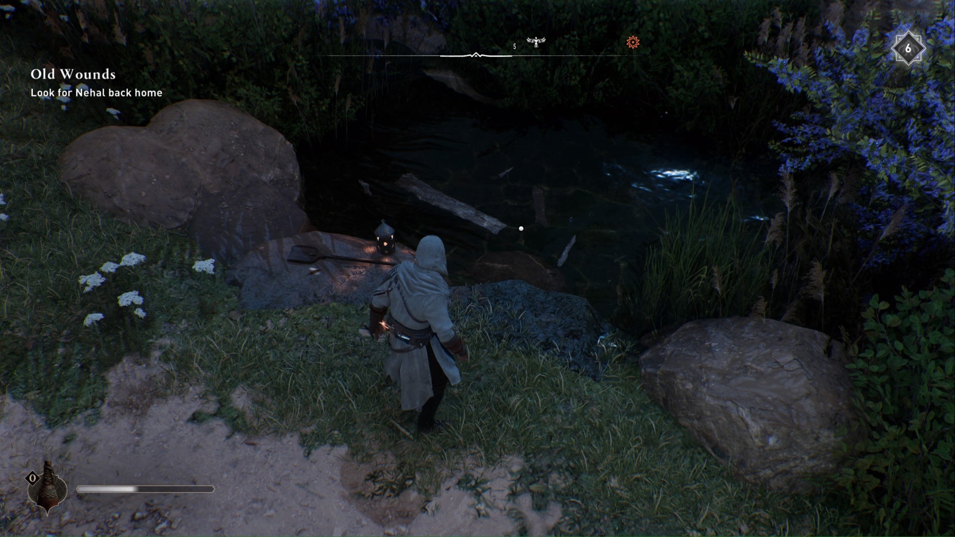 Assassins Creed Mirage, Basim mira hacia el agua para encontrar el deleite junto a la recompensa enigma de la cúpula.