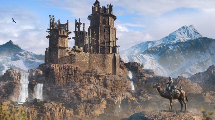 Promotional art of Alamut, the fortress of the Hidden Ones in Assassin's Creed Mirage, with the main character atop a camel in the foreground.