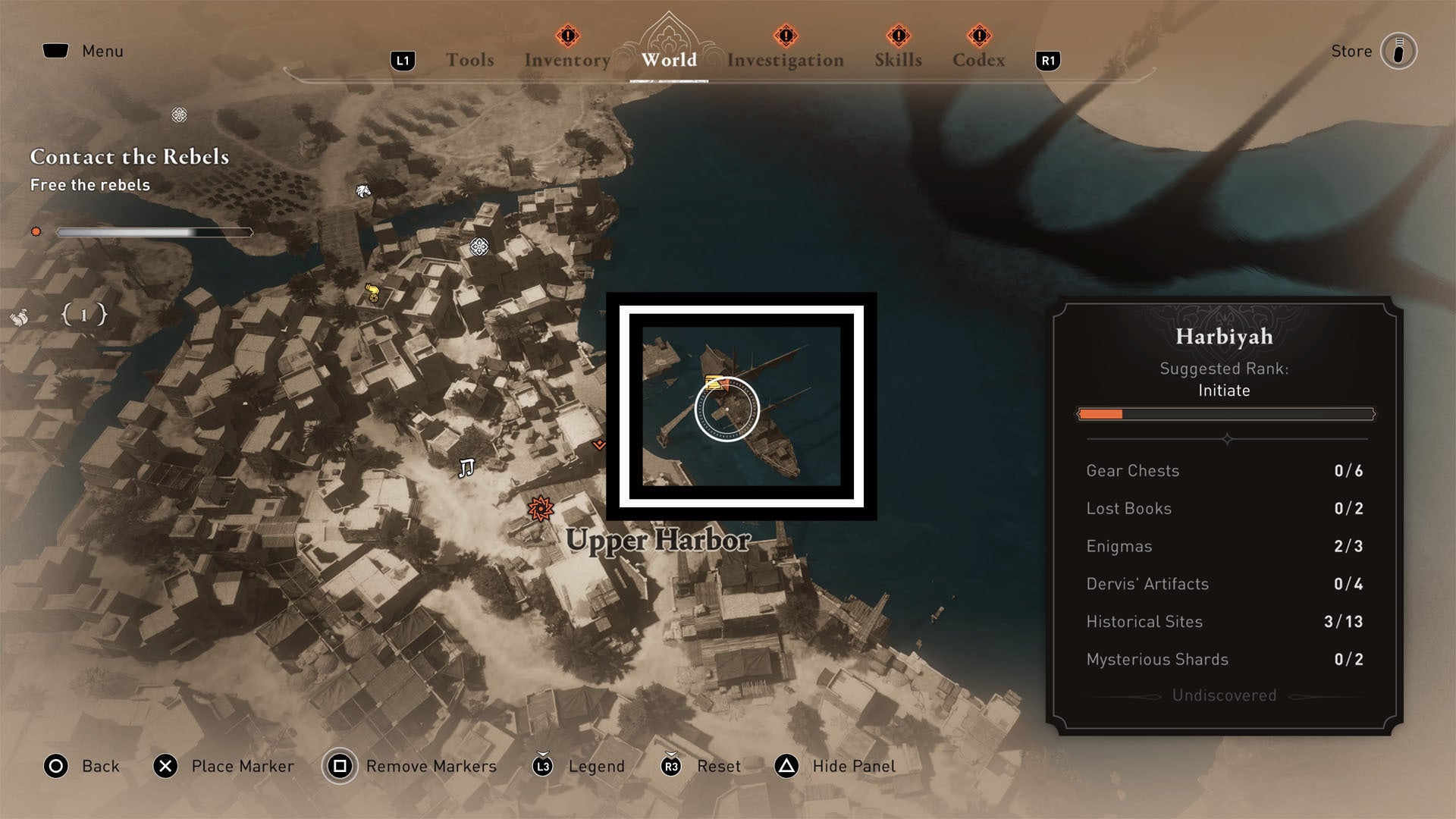 Assassins Creed Mirage Harbiyah mapa de primer plano del barco del puerto superior
