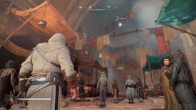 An interact prompt for Assassin's Creed Mirage's history of Baghdad feature appears as Basim enters a Bazaar