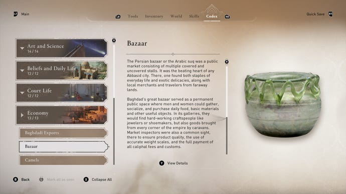 Ein Eintrag aus der Datenbank „Geschichte von Bagdad“ von Assassin's Creed Mirage auf Bazaar, begleitet vom Bild eines Topfes