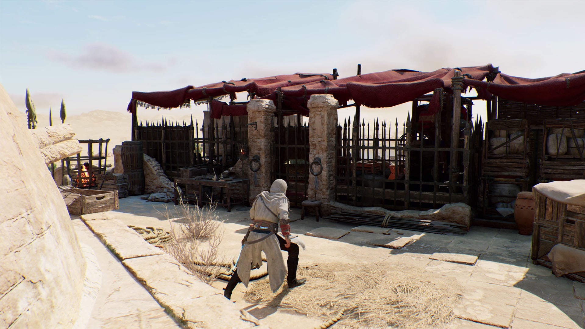 En Assassin's Creed Mirage, Basim corre hacia una cabaña de madera en el techo de la caseta de vigilancia de la puerta de Khurasan.