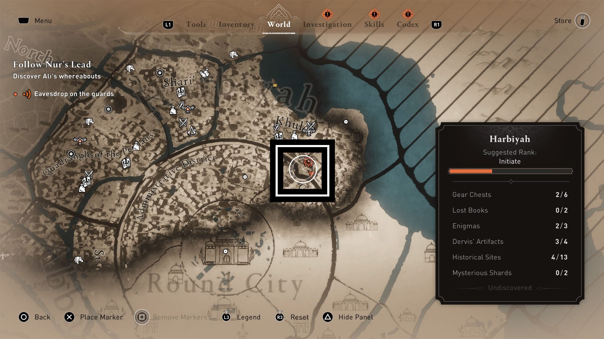 Assassins Creed Mirage, la ubicación del mapa del rompecabezas del cofre del engranaje de la caseta de vigilancia de la puerta de Khurasan está rodeada por un círculo en un mapa mundial más amplio.