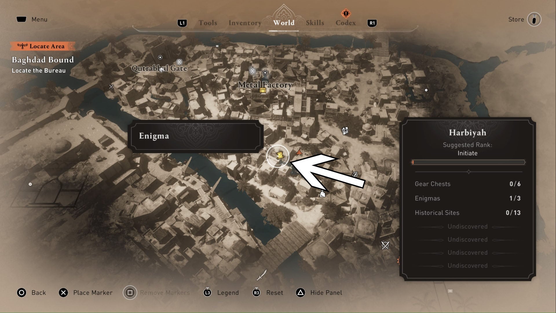 Assassins Creed Mirage, la imagen muestra una flecha que apunta a la ubicación del enigma que quedó atrás en un mapa de primer plano.