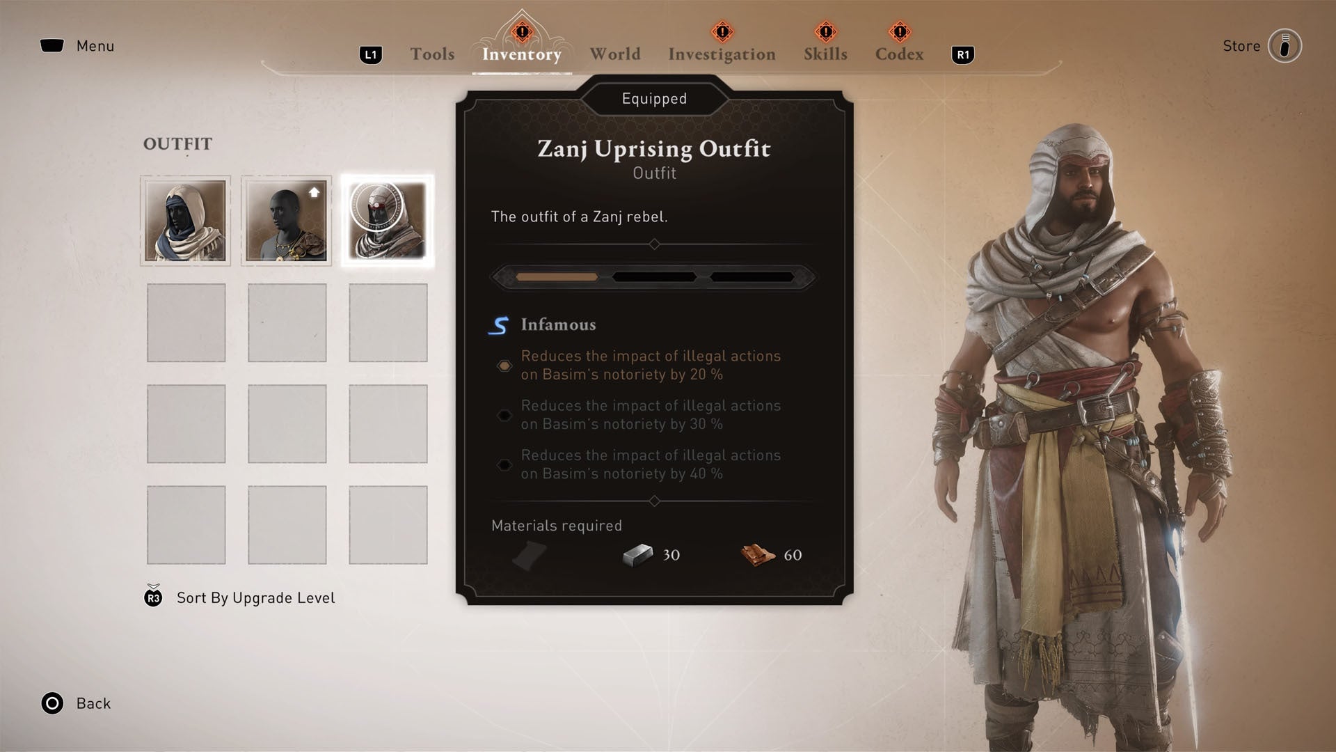 Menú de inventario de atuendos de Assassins Creed Mirage para el atuendo del levantamiento Zanj